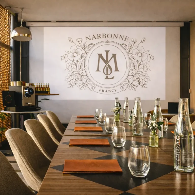 Salle de réunion lumineuse à Narbonne avec table en bois et écran de projection professionnel.